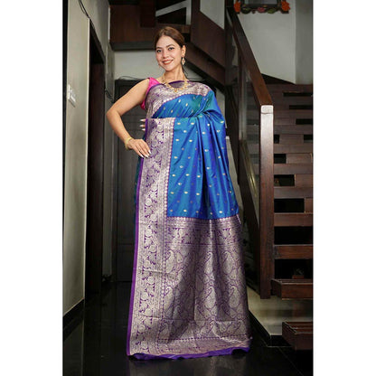Isadora Life Blue Floral Pre-Draped Saree with Unstitched Blouse