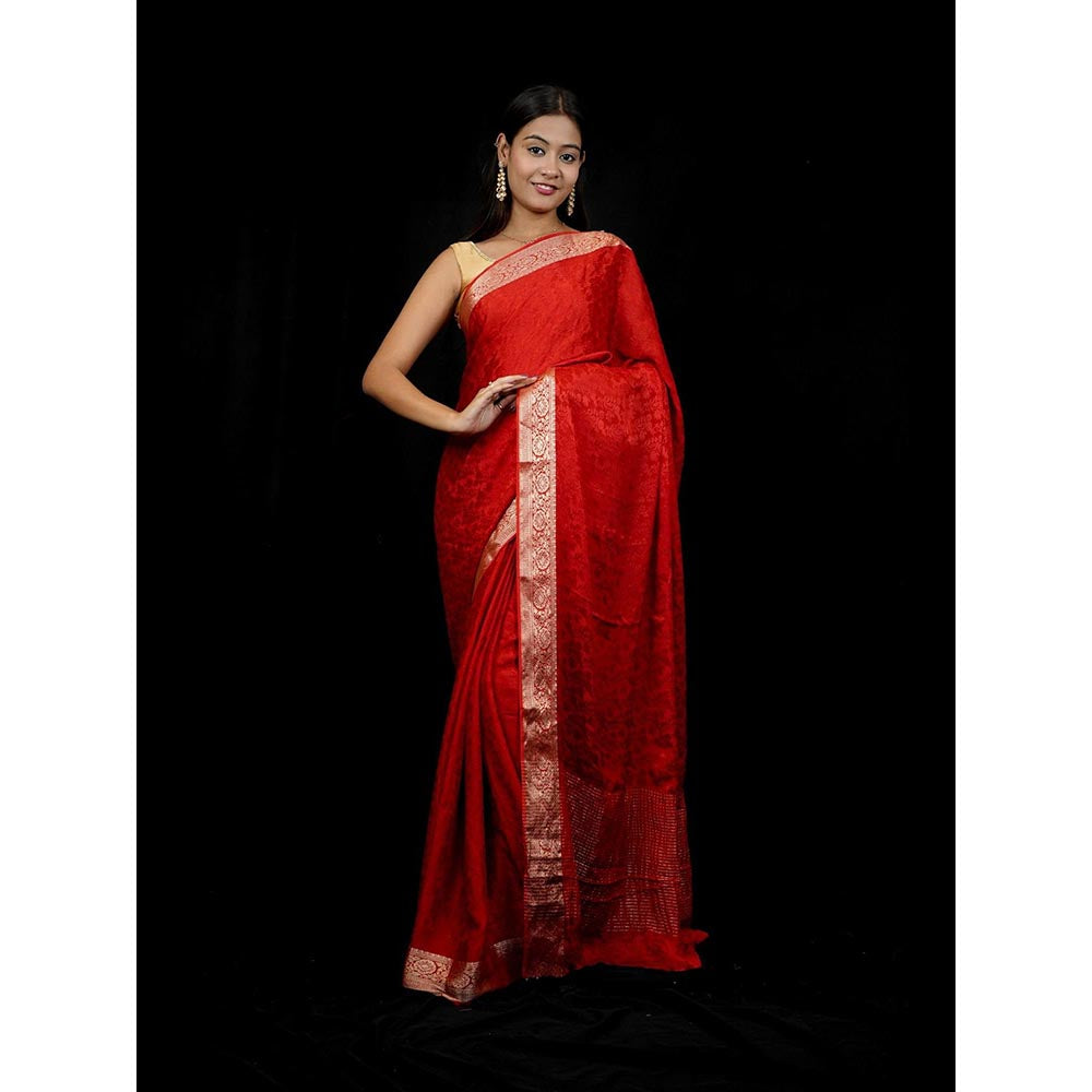 Isadora Life Red Woven Pre-Draped Saree with Unstitched Blouse