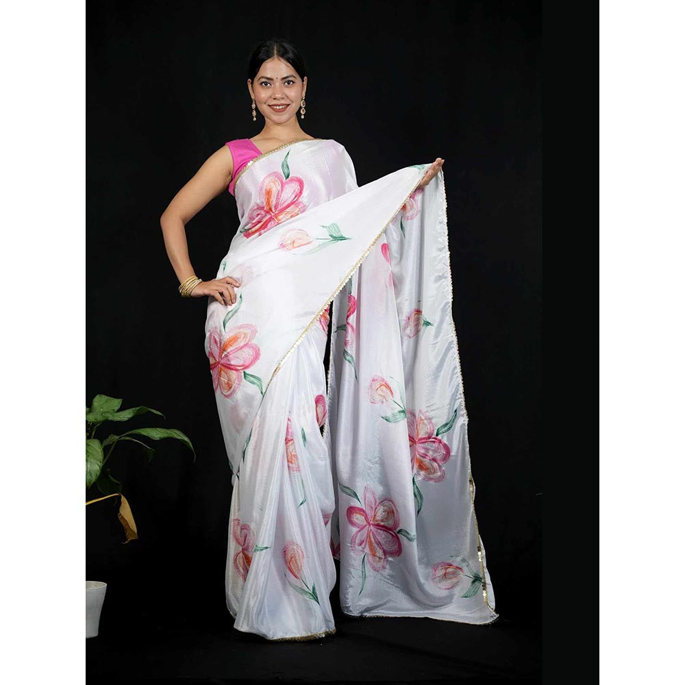 Isadora Life White Floral Pre-Draped Saree with Unstitched Blouse