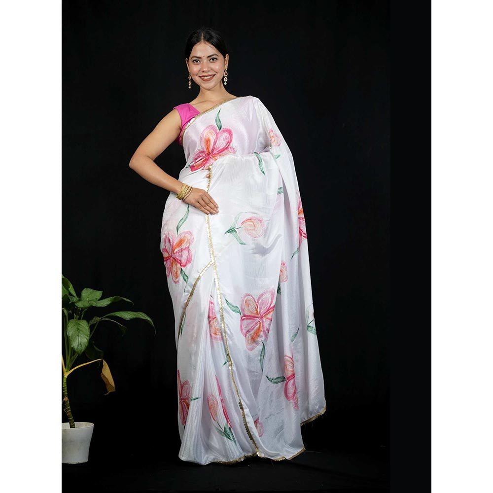 Isadora Life White Floral Pre-Draped Saree with Unstitched Blouse