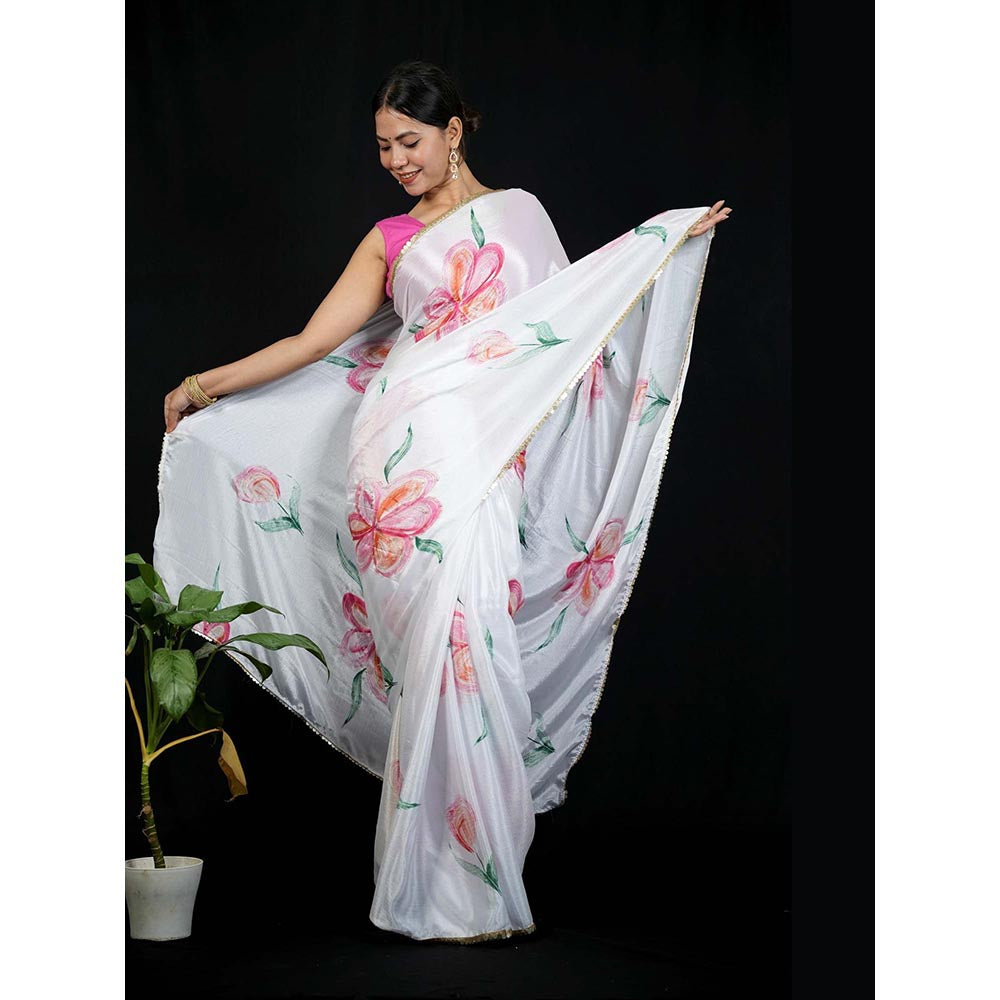 Isadora Life White Floral Pre-Draped Saree with Unstitched Blouse