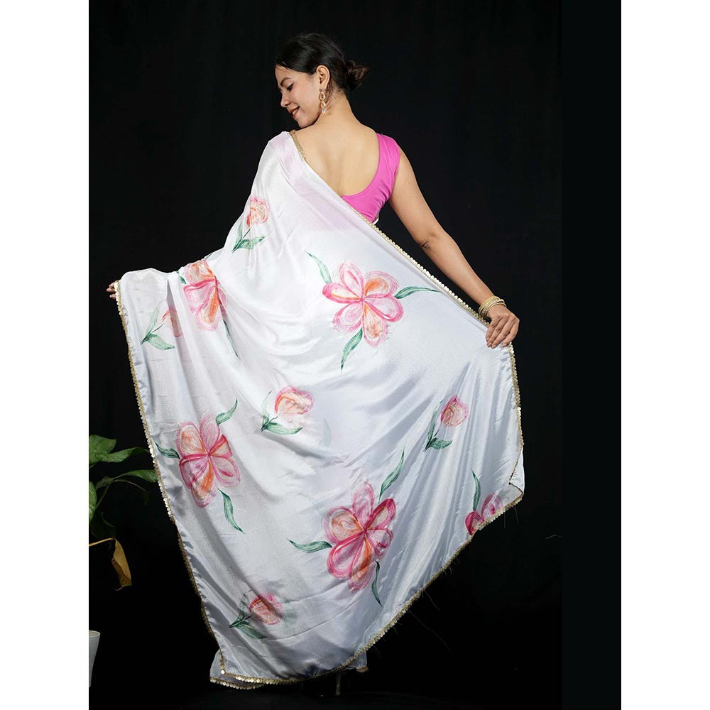 Isadora Life White Floral Pre-Draped Saree with Unstitched Blouse