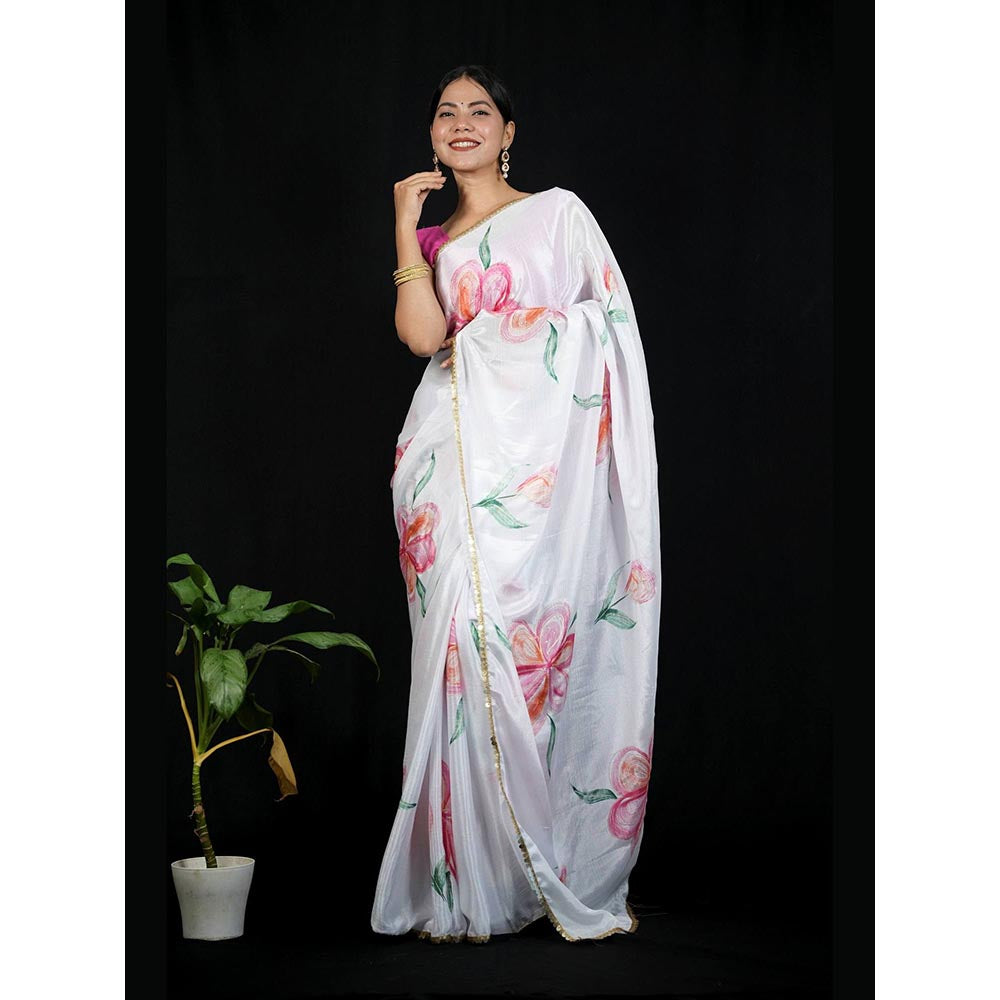 Isadora Life White Floral Pre-Draped Saree with Unstitched Blouse