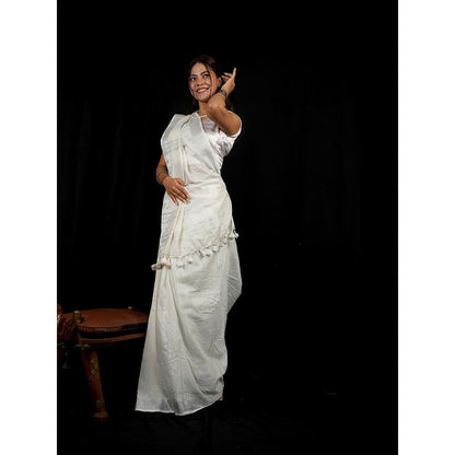 Isadora Life White Solid Pre-Draped Saree with Unstitched Blouse
