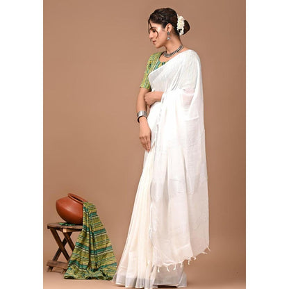 Isadora Life White Solid Pre-Draped Saree with Unstitched Blouse