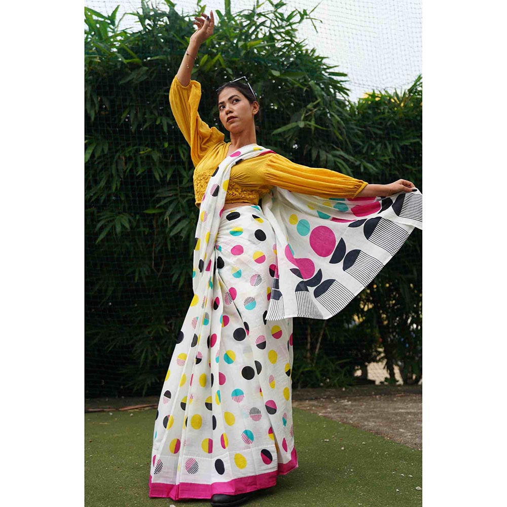 Isadora Life White Polka Dots Pre-Draped Saree with Unstitched Blouse