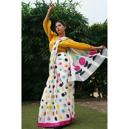 Isadora Life White Polka Dots Pre-Draped Saree with Unstitched Blouse