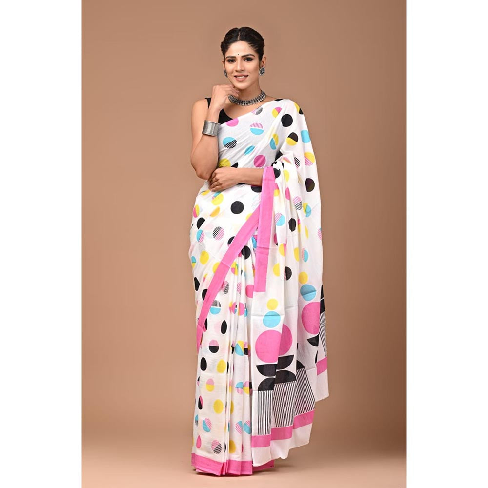 Isadora Life White Polka Dots Pre-Draped Saree with Unstitched Blouse