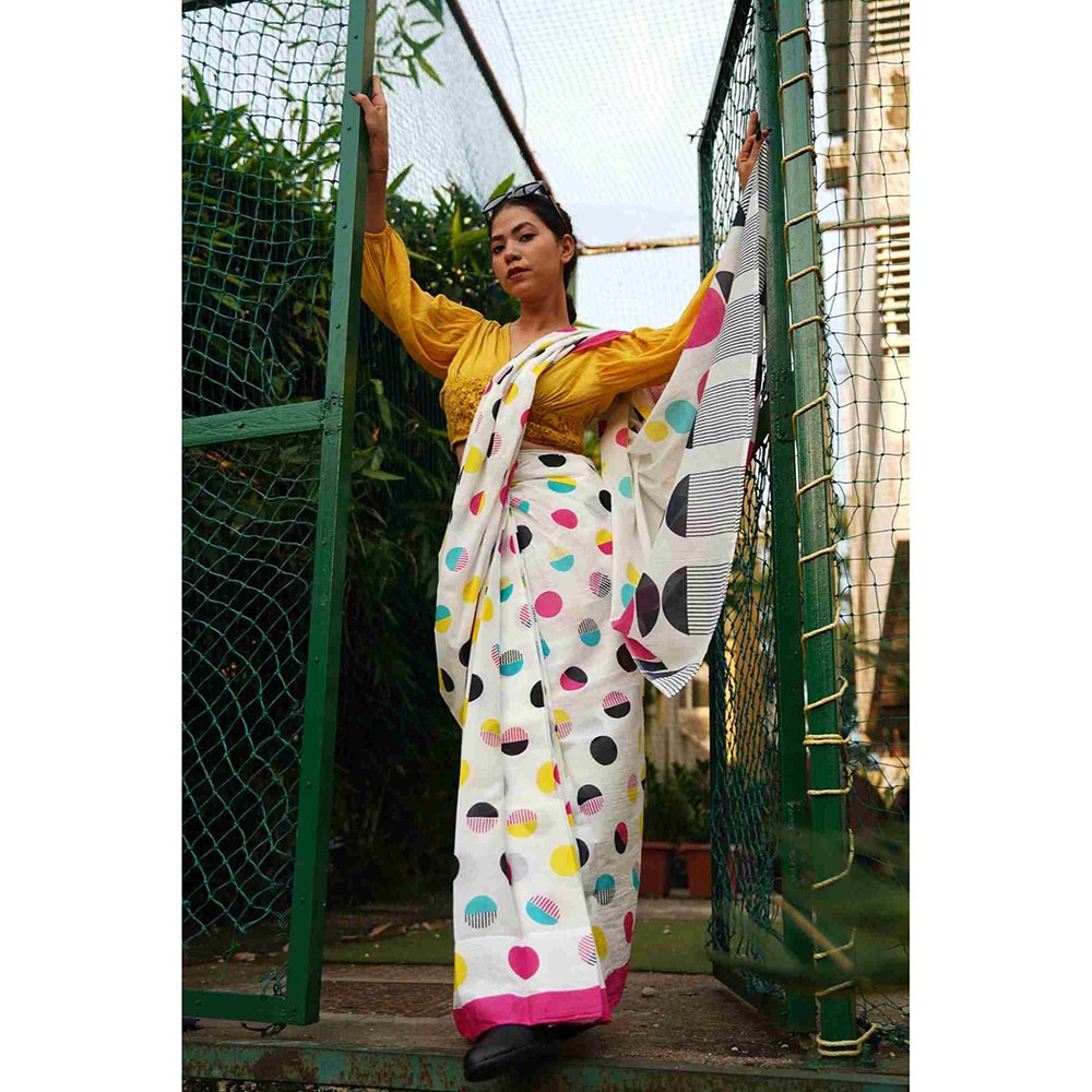 Isadora Life White Polka Dots Pre-Draped Saree with Unstitched Blouse