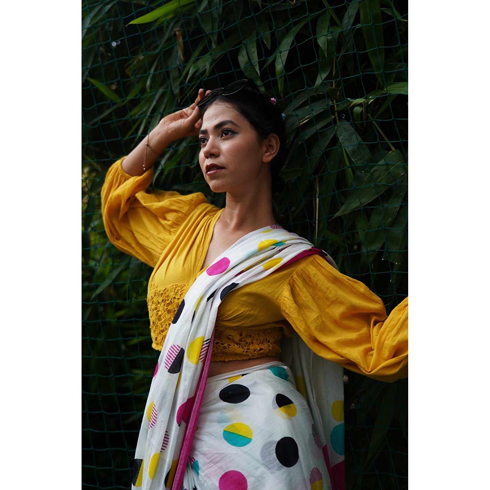 Isadora Life White Polka Dots Pre-Draped Saree with Unstitched Blouse