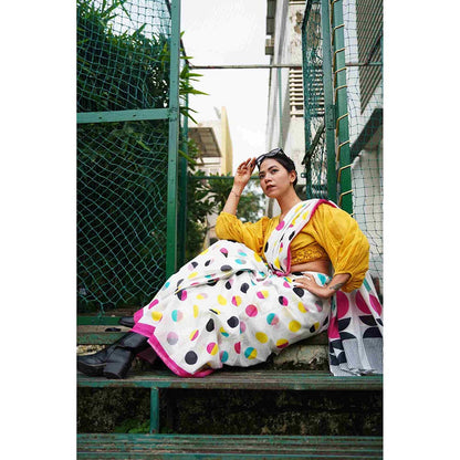 Isadora Life White Polka Dots Pre-Draped Saree with Unstitched Blouse