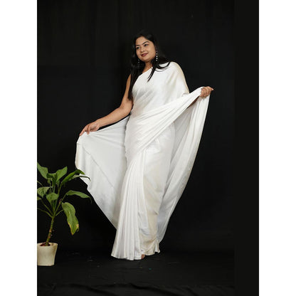 Isadora Life White Solid Pre-Draped Saree with Unstitched Blouse