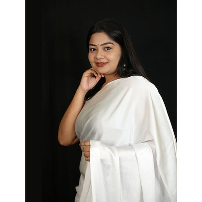 Isadora Life White Solid Pre-Draped Saree with Unstitched Blouse