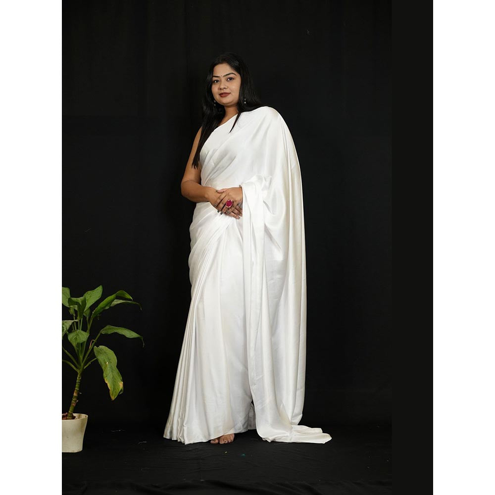 Isadora Life White Solid Pre-Draped Saree with Unstitched Blouse