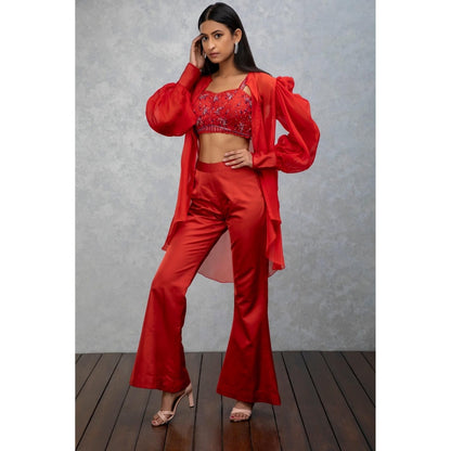ISHA GUPTA TAYAL Amber Orange Organza Bustier with Shirt and Pant