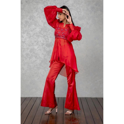 ISHA GUPTA TAYAL Amber Orange Organza Bustier with Shirt and Pant