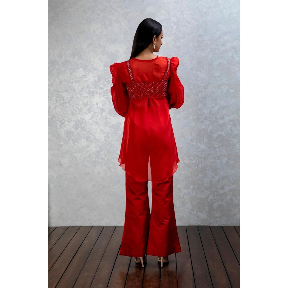 ISHA GUPTA TAYAL Amber Orange Organza Bustier with Shirt and Pant