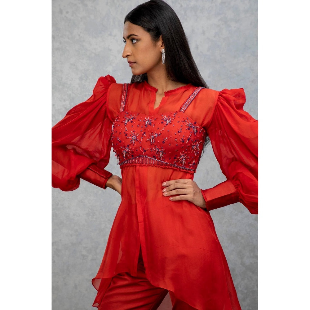 ISHA GUPTA TAYAL Amber Orange Organza Bustier with Shirt and Pant