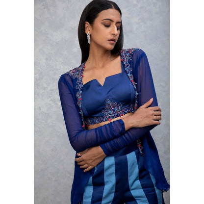 ISHA GUPTA TAYAL Blue Embroidered Co-Ord Pant Set With Organza Jacket