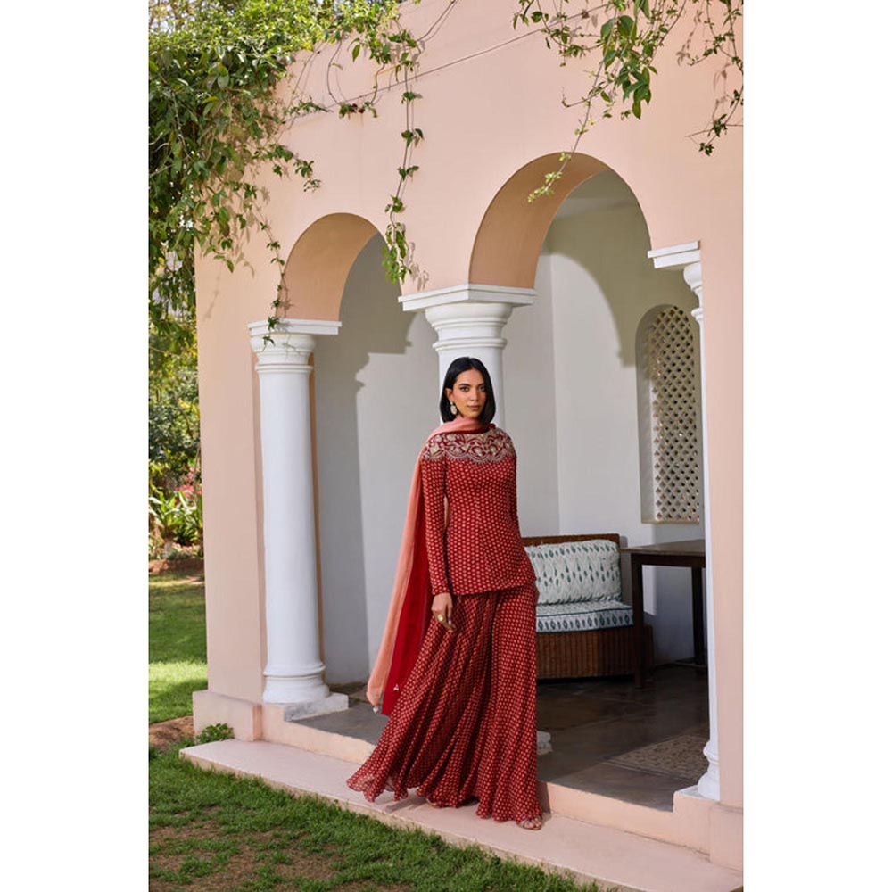 ISHA GUPTA TAYAL Red Sara Top and Sharara with Dupatta