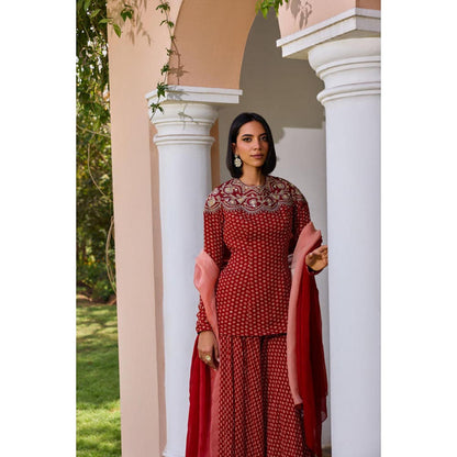 ISHA GUPTA TAYAL Red Sara Top and Sharara with Dupatta