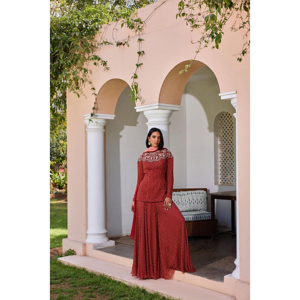 ISHA GUPTA TAYAL Red Sara Top and Sharara with Dupatta