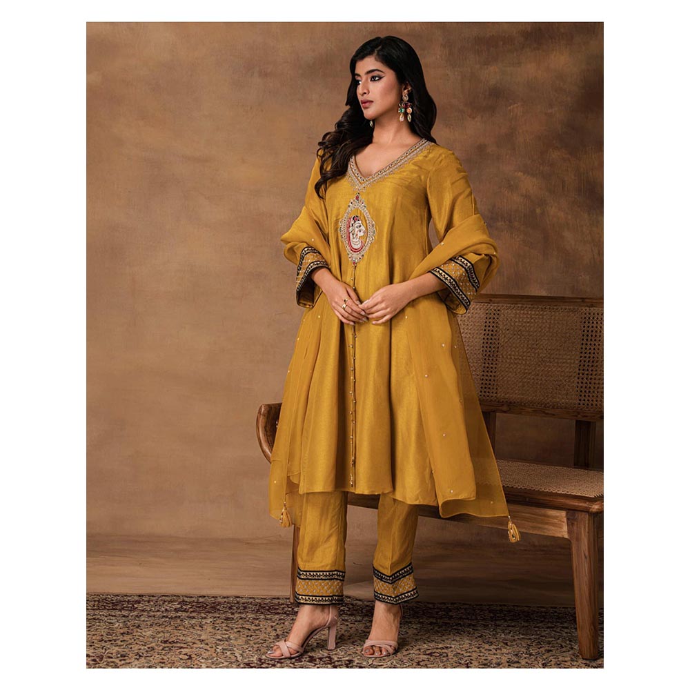 ISHA GUPTA TAYAL Ambar Golden Yellow Silk Embroidered Kurta with Pant and Dupatta