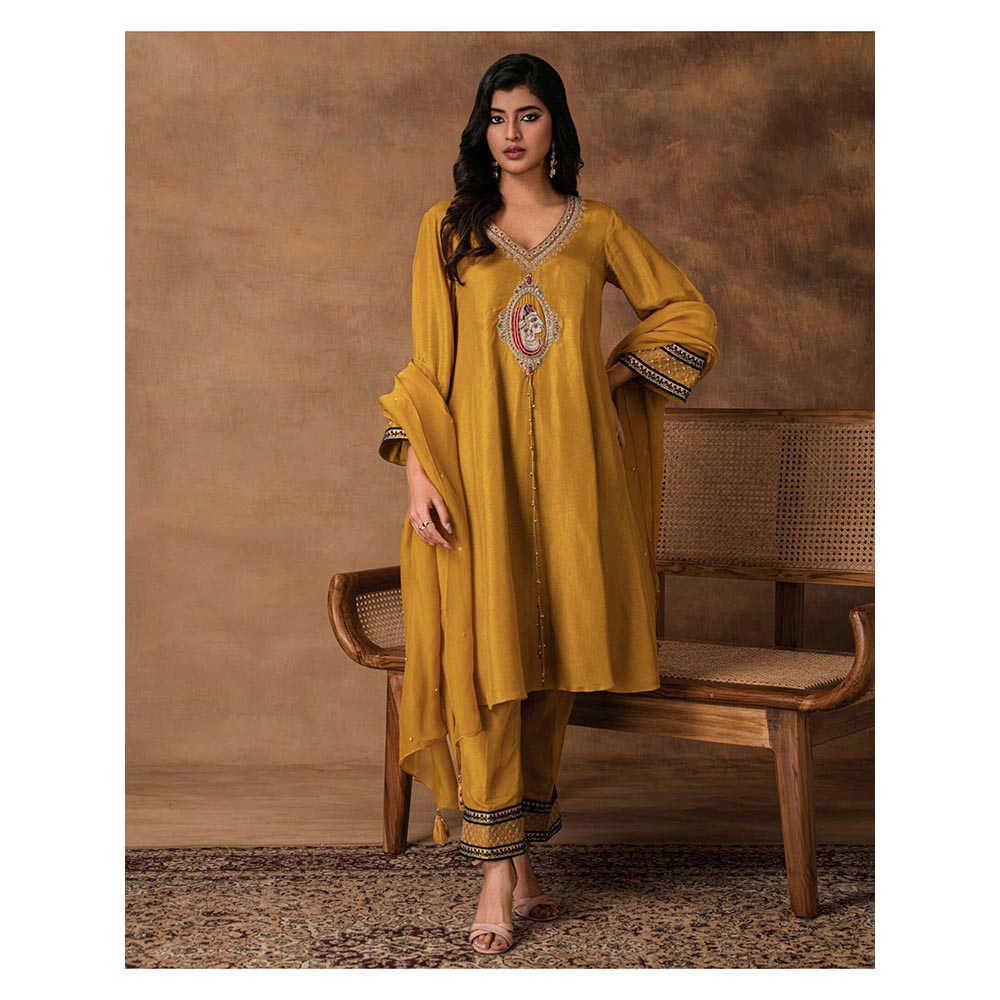 ISHA GUPTA TAYAL Ambar Golden Yellow Silk Embroidered Kurta with Pant and Dupatta