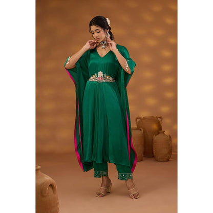 ISHA GUPTA TAYAL Green Kamal Talai Drape Kaftan and Pant with Belt