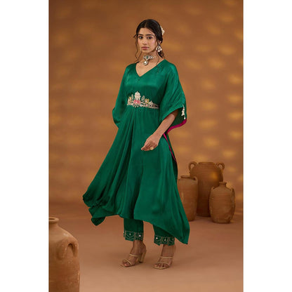 ISHA GUPTA TAYAL Green Kamal Talai Drape Kaftan and Pant with Belt