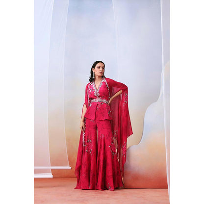 ISHA GUPTA TAYAL Pink Printed and Embroidered Top with Sharara and Cape