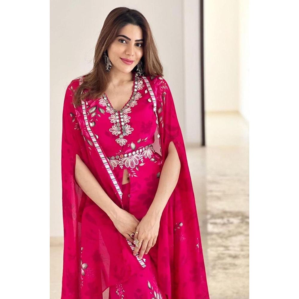 ISHA GUPTA TAYAL Pink Printed and Embroidered Top with Sharara and Cape