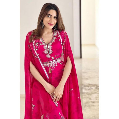 ISHA GUPTA TAYAL Pink Printed and Embroidered Top with Sharara and Cape