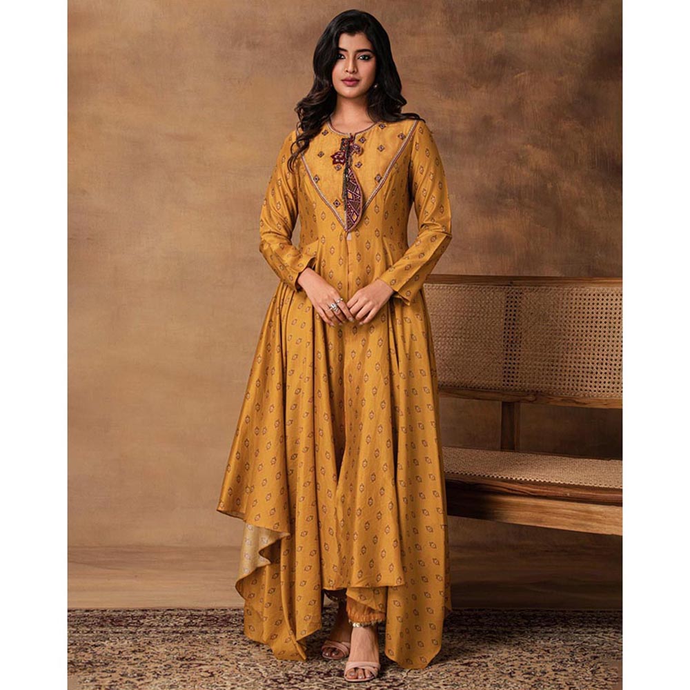 ISHA GUPTA TAYAL Ghazal Mustard Gold Chanderi Asymmetric Kurta and Pant