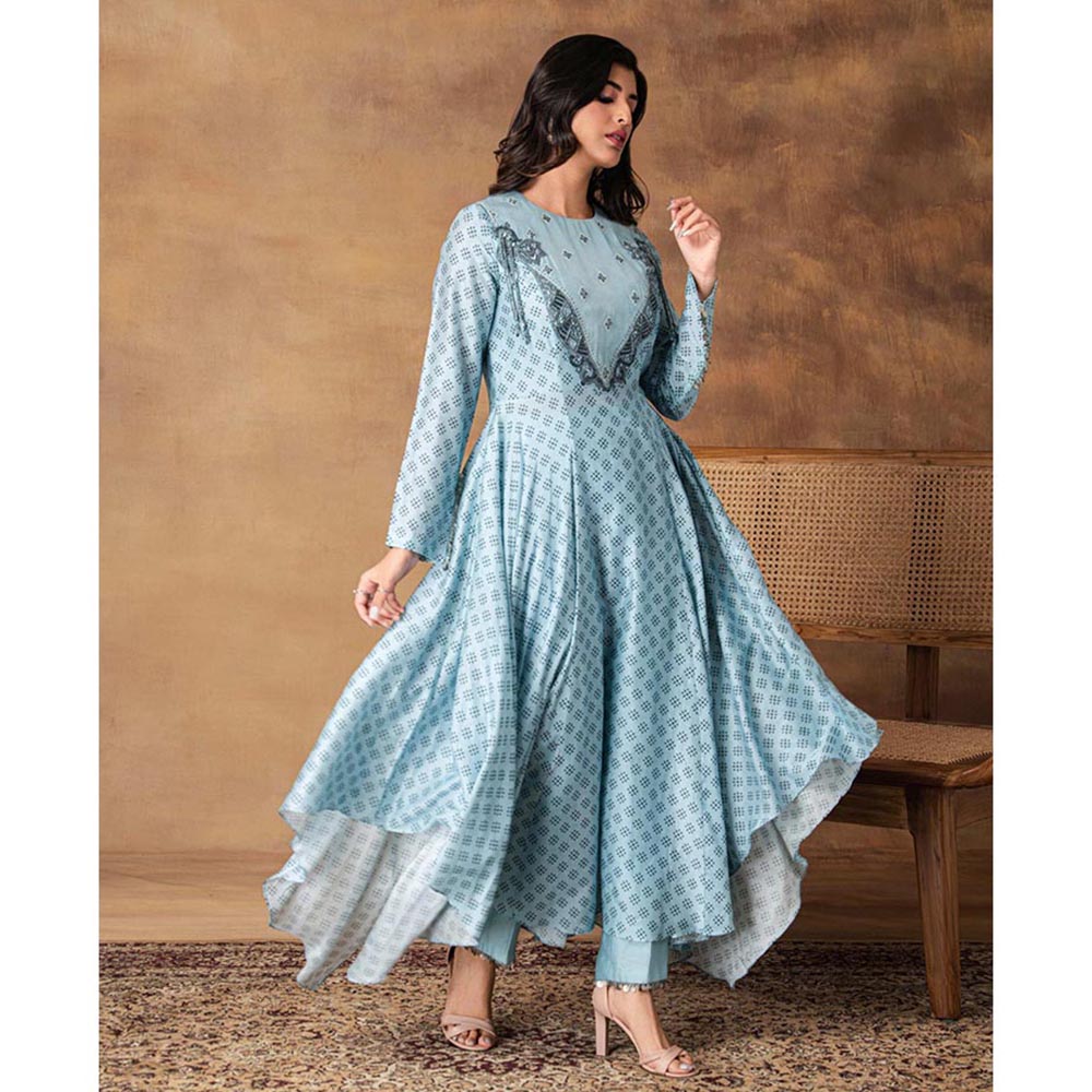 ISHA GUPTA TAYAL Zeenat Powder Blue Chanderi Asymmetric Kurta with Pant