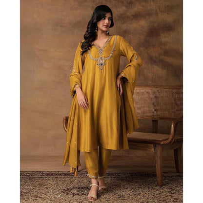 ISHA GUPTA TAYAL Rajsi Golden Yellow Silk Embroidered Kurta with Pant and Dupatta