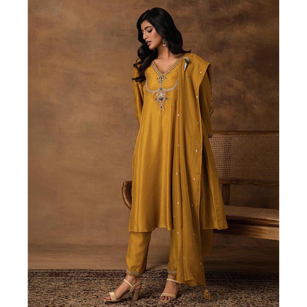 ISHA GUPTA TAYAL Rajsi Golden Yellow Silk Embroidered Kurta with Pant and Dupatta