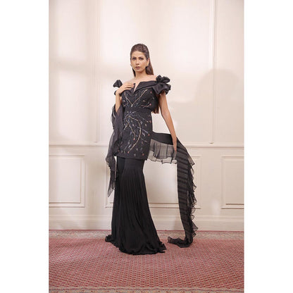 ISHA GUPTA TAYAL Black Kurta and Sharara Set with Ruffle Dupatta
