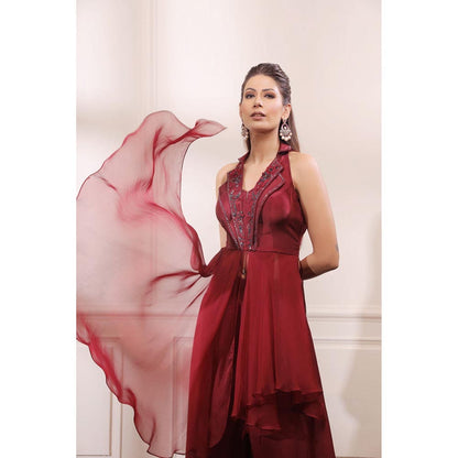 ISHA GUPTA TAYAL Maroon Asymmetric Kurta with Flared Organza Pants