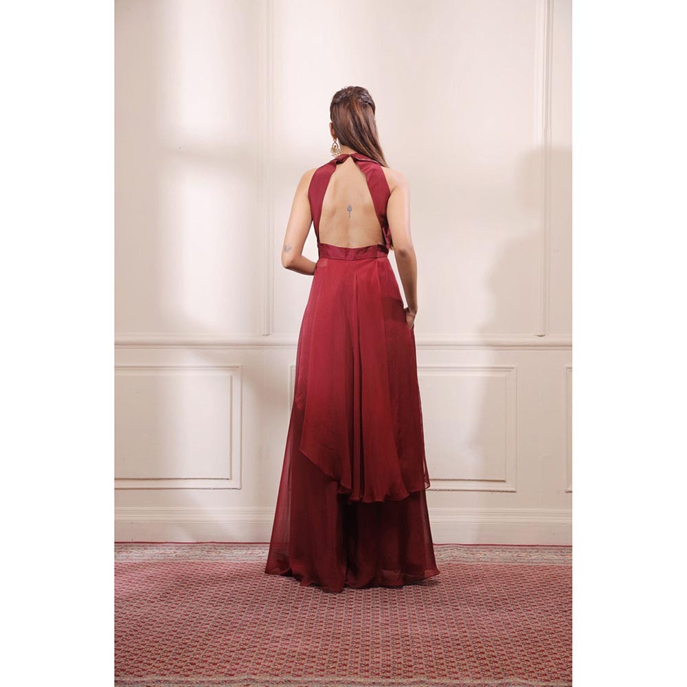 ISHA GUPTA TAYAL Maroon Asymmetric Kurta with Flared Organza Pants