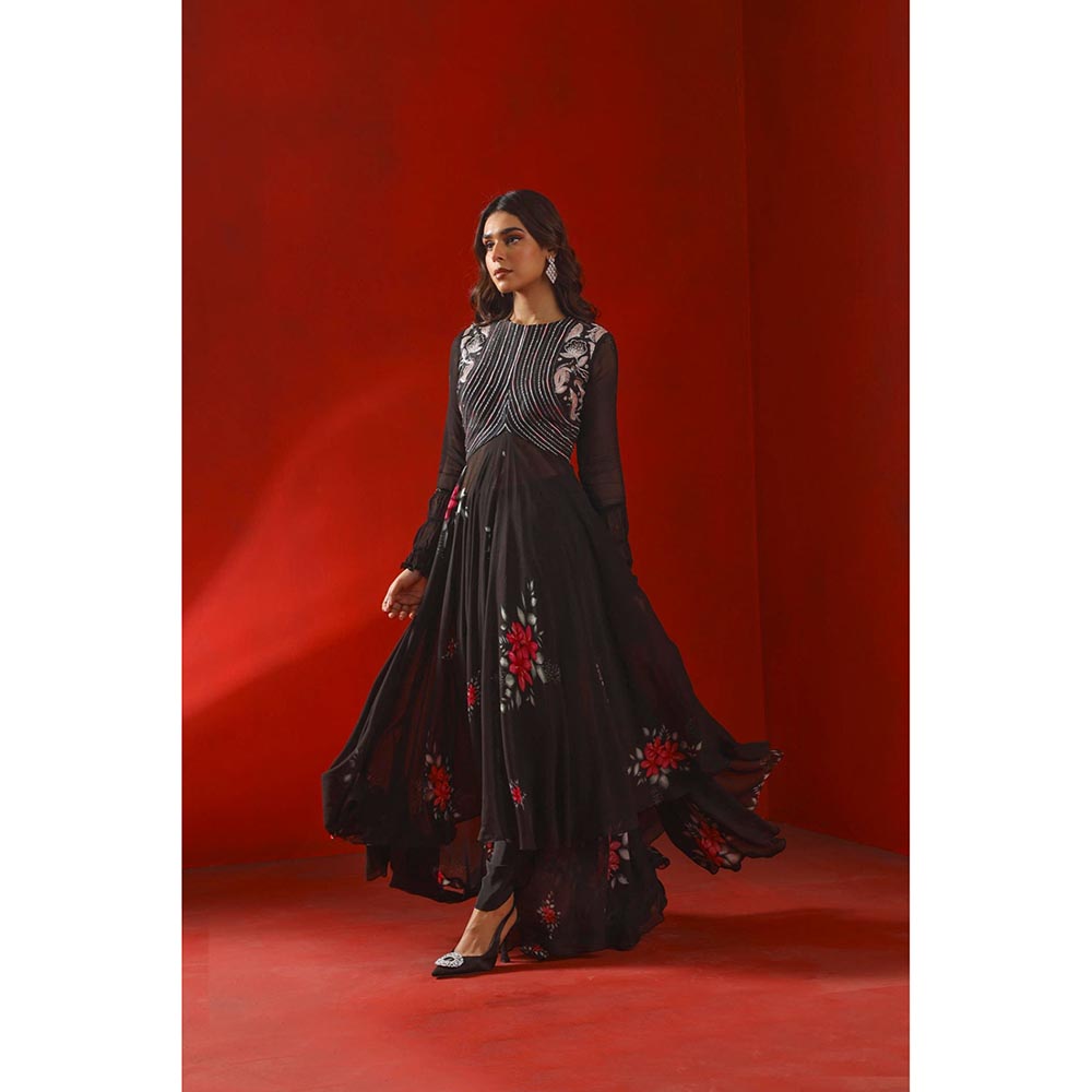 ISHA GUPTA TAYAL Black Magnolia Printed and Embroidered Anarkali and Pant with Dupatta