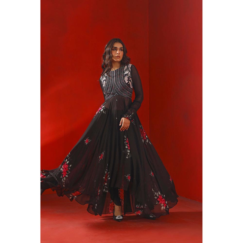 ISHA GUPTA TAYAL Black Magnolia Printed and Embroidered Anarkali and Pant with Dupatta