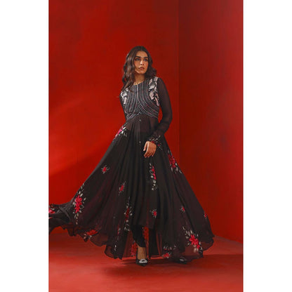 ISHA GUPTA TAYAL Black Magnolia Printed and Embroidered Anarkali and Pant with Dupatta