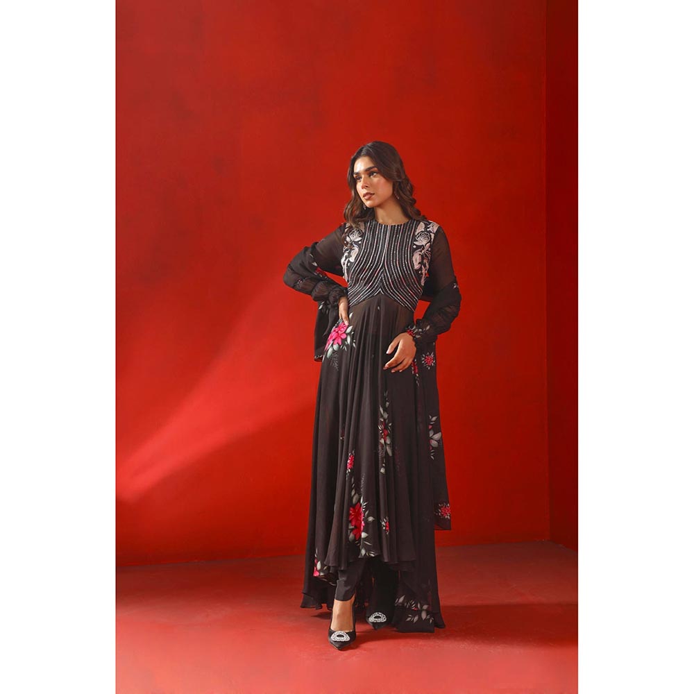 ISHA GUPTA TAYAL Black Magnolia Printed and Embroidered Anarkali and Pant with Dupatta
