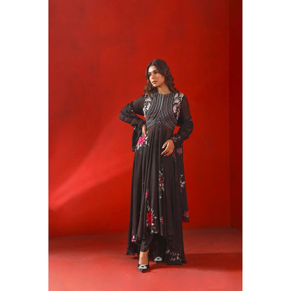 ISHA GUPTA TAYAL Black Magnolia Printed and Embroidered Anarkali and Pant with Dupatta