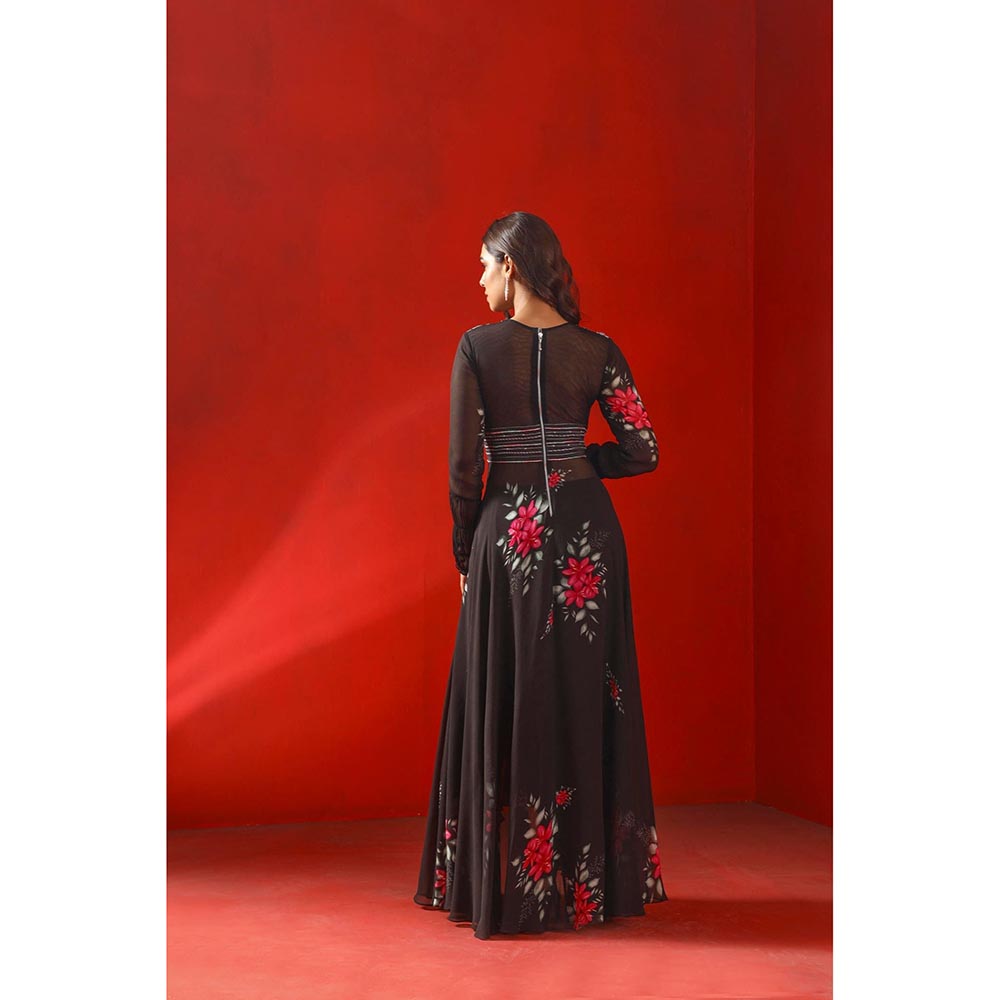 ISHA GUPTA TAYAL Black Magnolia Printed and Embroidered Anarkali and Pant with Dupatta