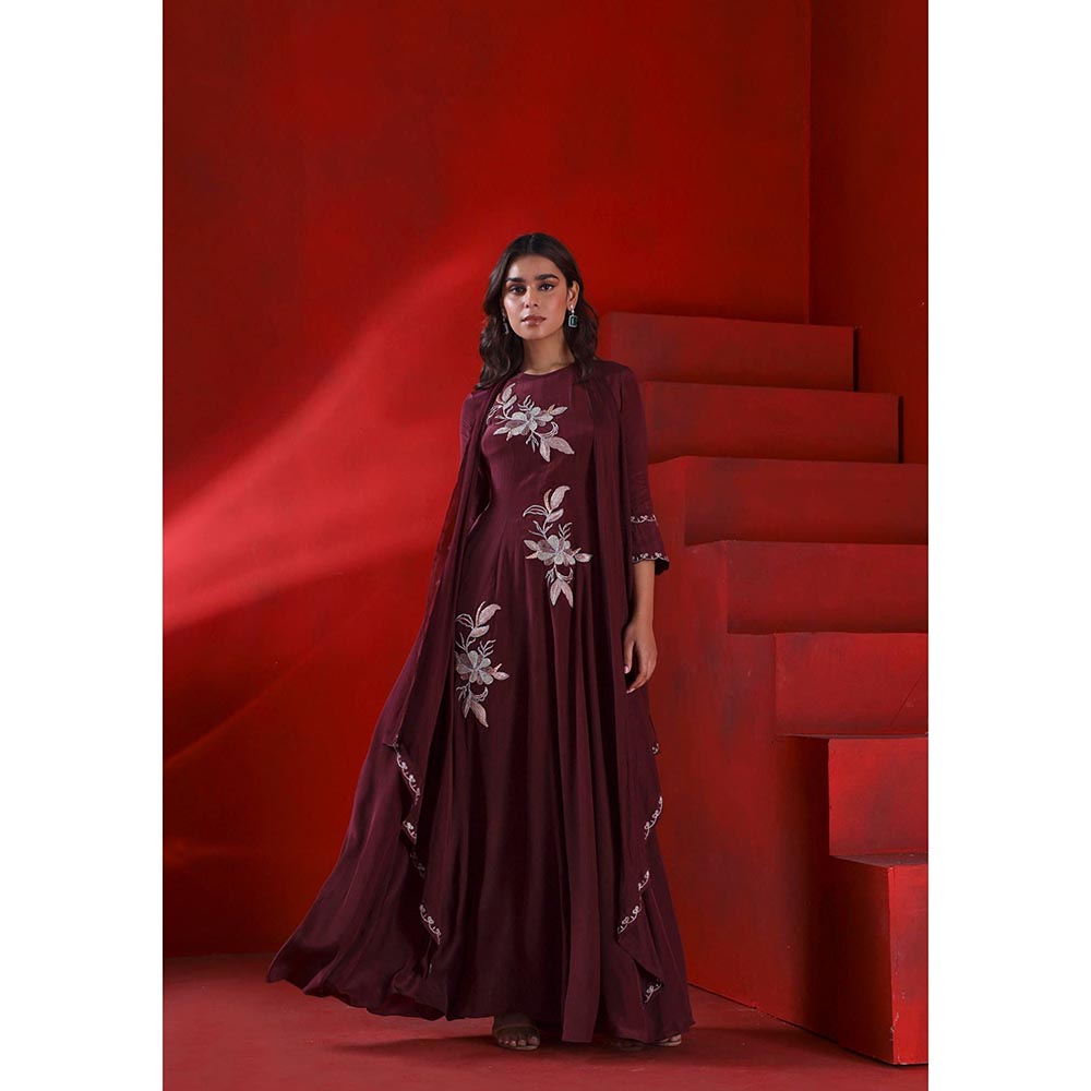ISHA GUPTA TAYAL Wine Mahagony Embroidered Anarkali and Pant Set