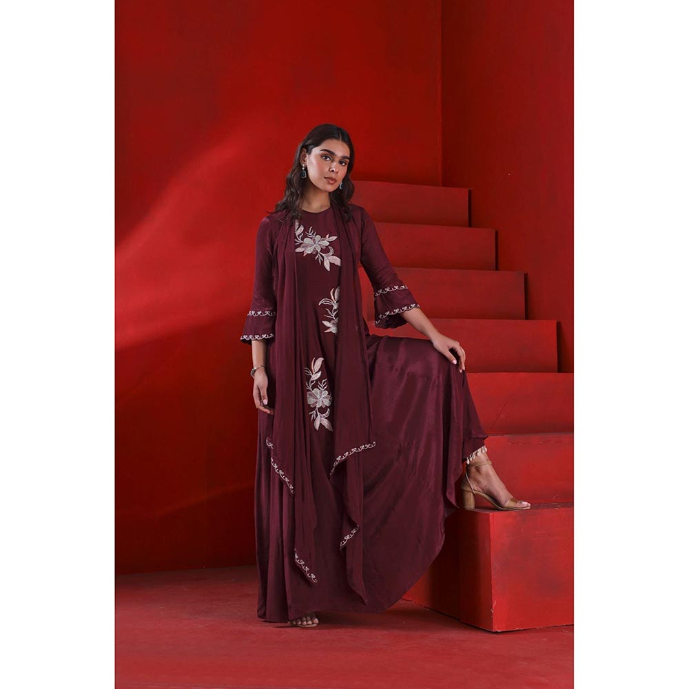 ISHA GUPTA TAYAL Wine Mahagony Embroidered Anarkali and Pant Set