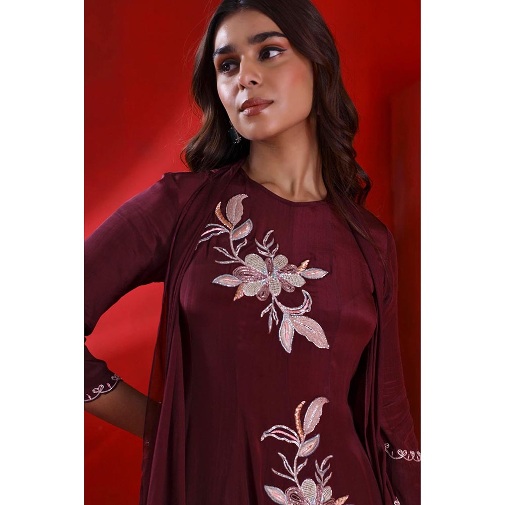 ISHA GUPTA TAYAL Wine Mahagony Embroidered Anarkali and Pant Set
