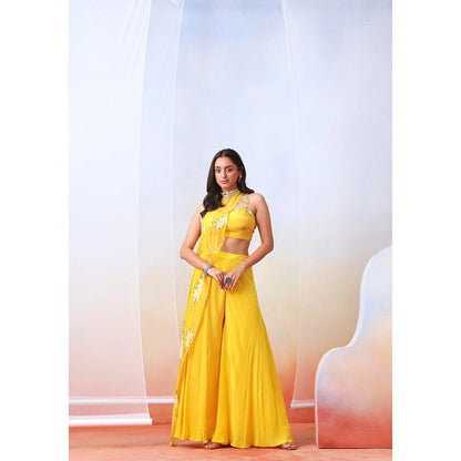ISHA GUPTA TAYAL Yellow Printed Top and Sharara Set with Embroidered Drape Cape